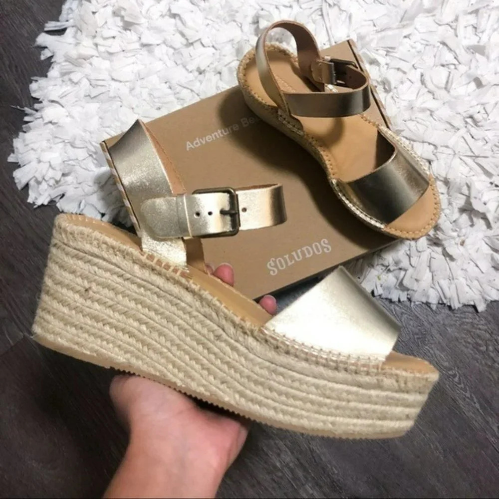 Anthro Soludos Platform Gold Leather Espadrille 10 - Picture 5 of 13